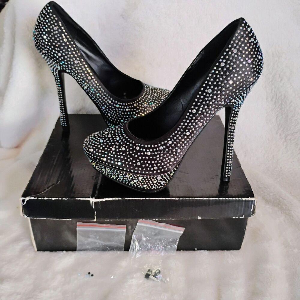 Deb Black Rhinestone Platform Stiletto Heels - Picture 2 of 16